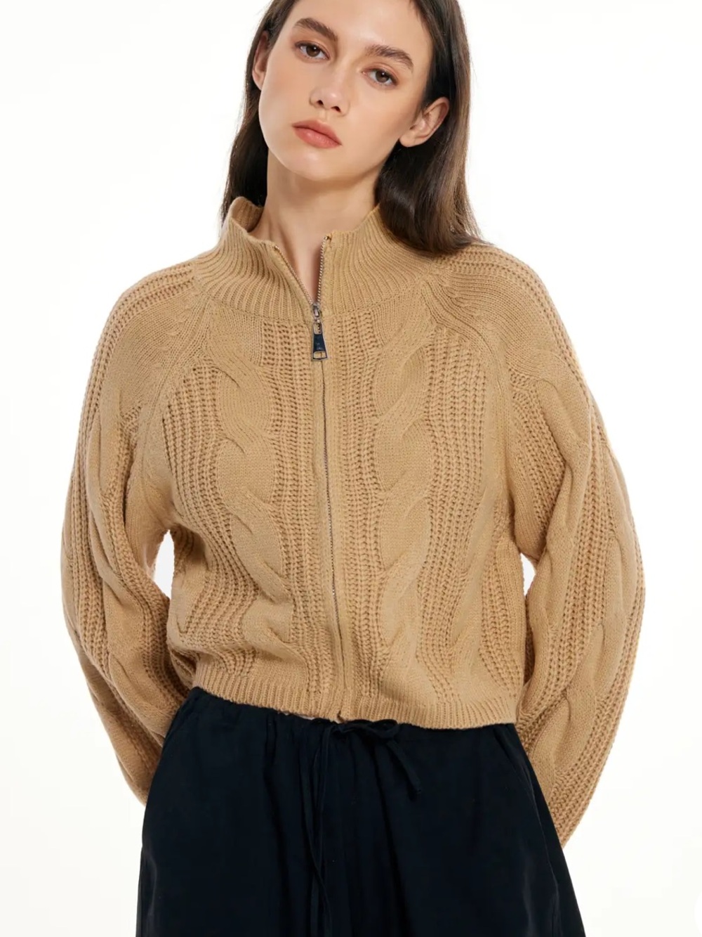 Cider Cropped Cable-Knit Zip Turtleneck Sweater - Camel
